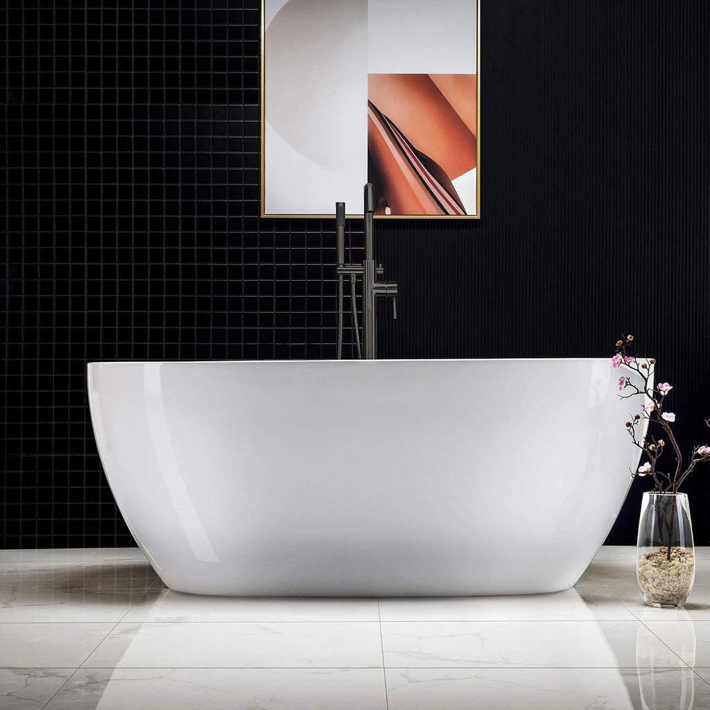 WOODBRIDGE 59'Freestanding White Acylic Soaking Bathtub with Matte Black Drain and Overflow,BTA1518 -MB-Drain &O
