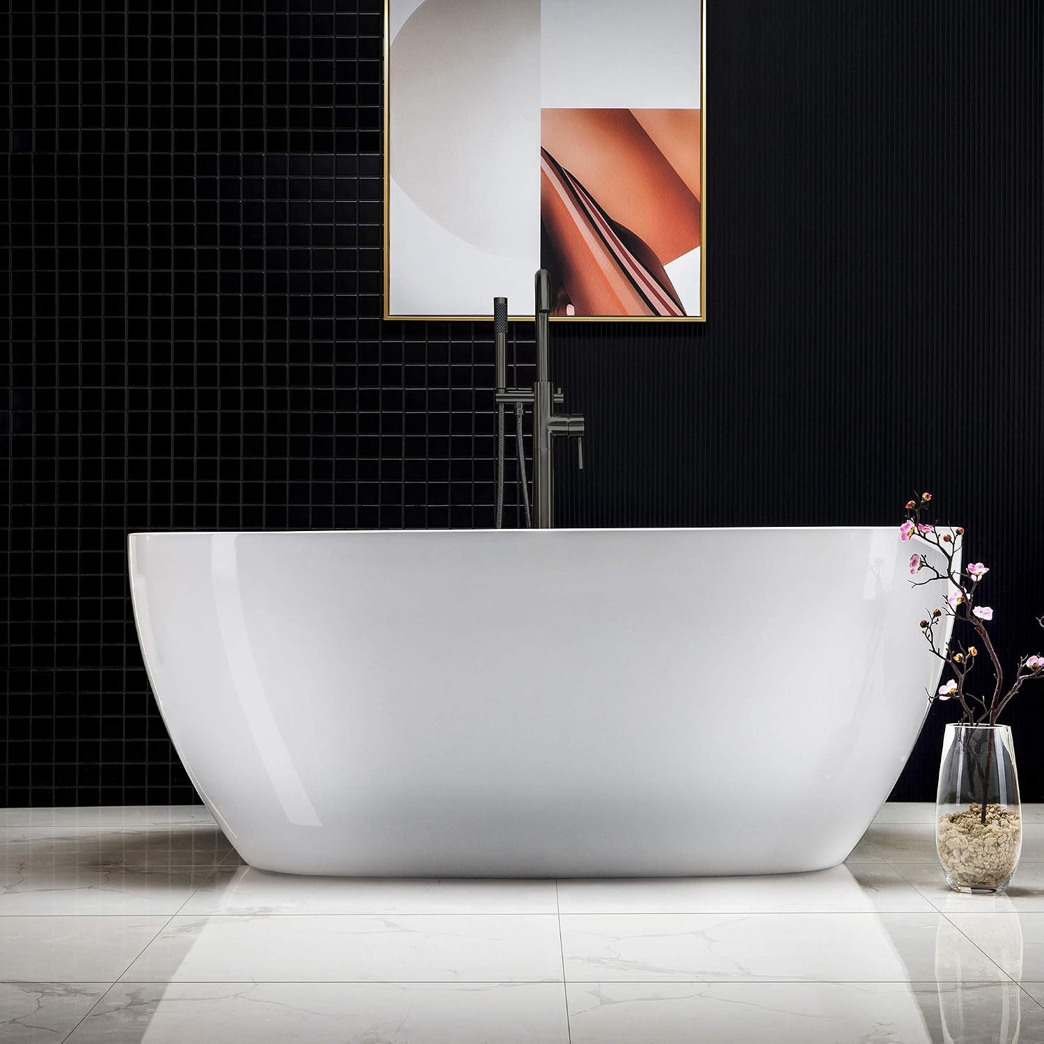 WOODBRIDGE 59'Freestanding White Acylic Soaking Bathtub with Matte Black Drain and Overflow,BTA1518 -MB-Drain &O
