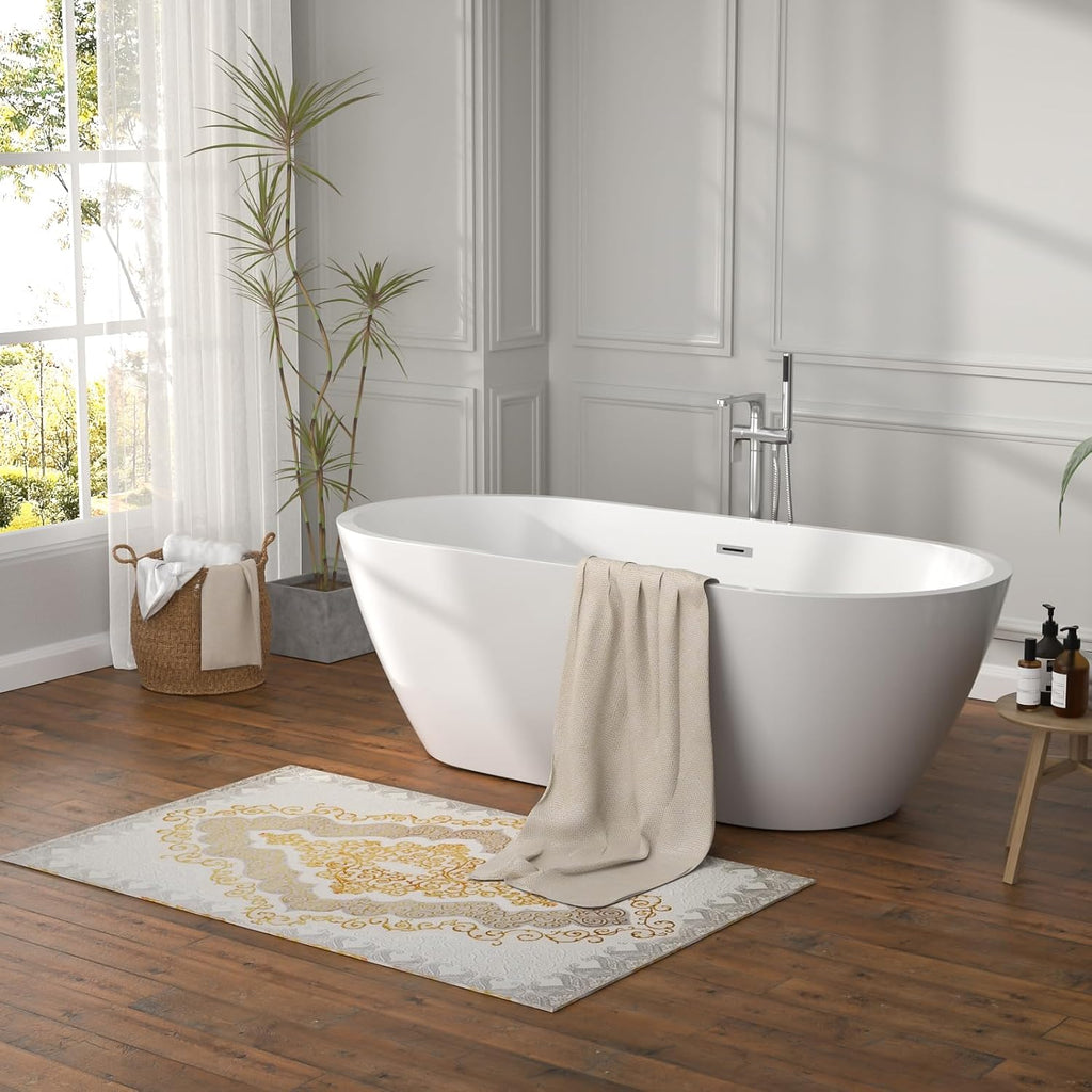67 Inch Freestanding Acrylic Bathtub White Roll Top Soaking Tub with Smooth Curved Rim, Chrome Drain and Overflow, YSB9217