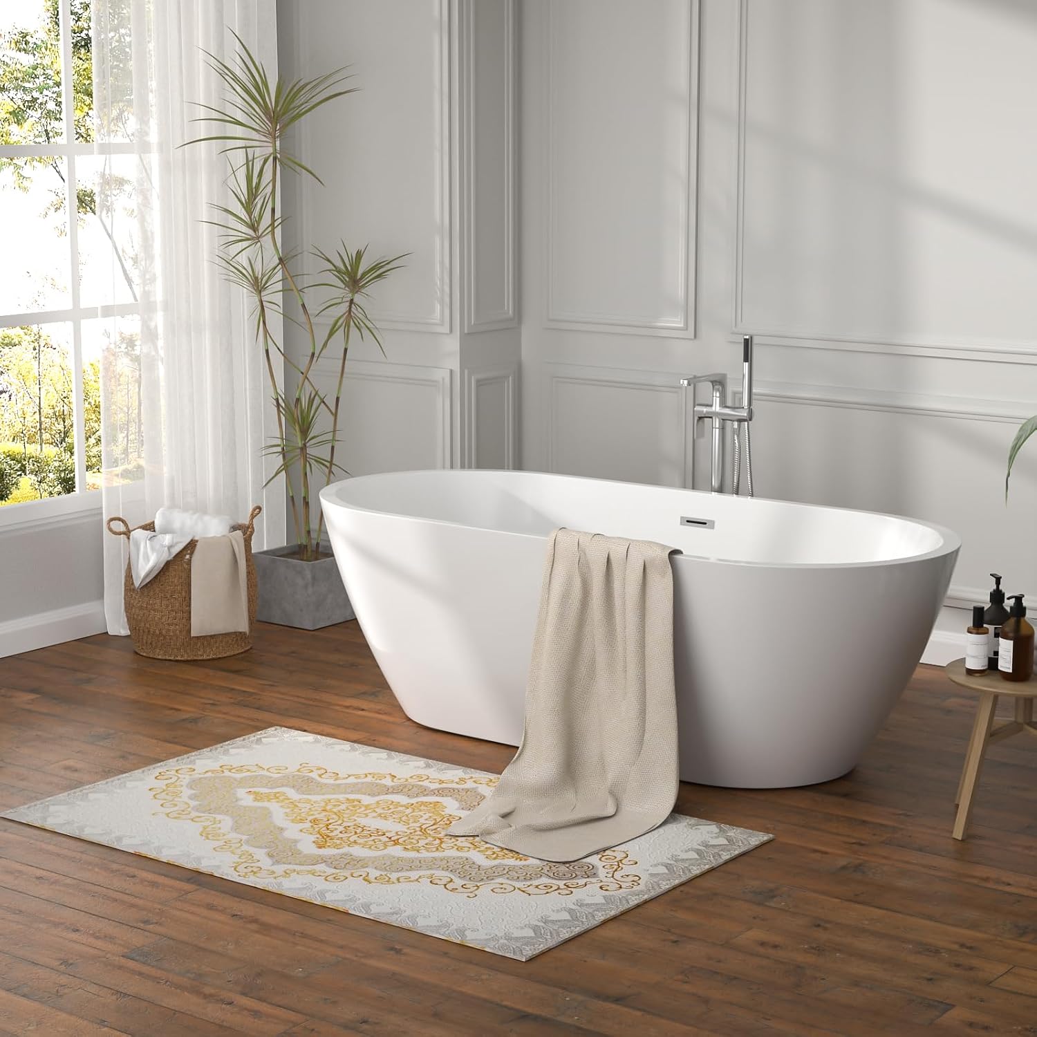 67 Inch Freestanding Acrylic Bathtub White Roll Top Soaking Tub with Smooth Curved Rim, Chrome Drain and Overflow, YSB9217