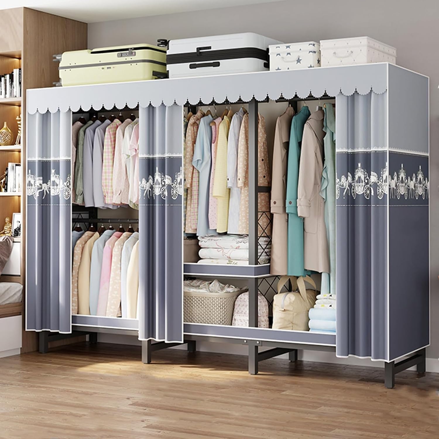 Foldable Clothing Rack - Portable Freestanding Closets Wardrobe, Heavy Duty Rolling Garment Rack With Cover, Width 19.68in, Max 1500lbs, For Hanging Clothes, Metal Armoires,multiple Sizes ( Color : B