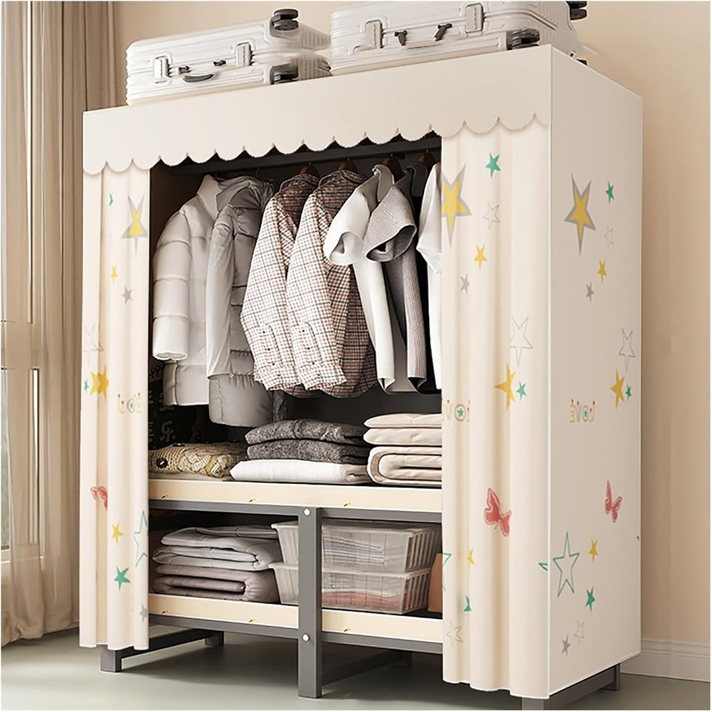 Heavy Duty Wardrobe Closet With Cover, Portable Clothing Racks Coat Storage Organizer, Foldable Metal Garment Rack For Bedrooms, Clothes Rack For Hanging Clothing(Yellow 3,130x50x170cm)