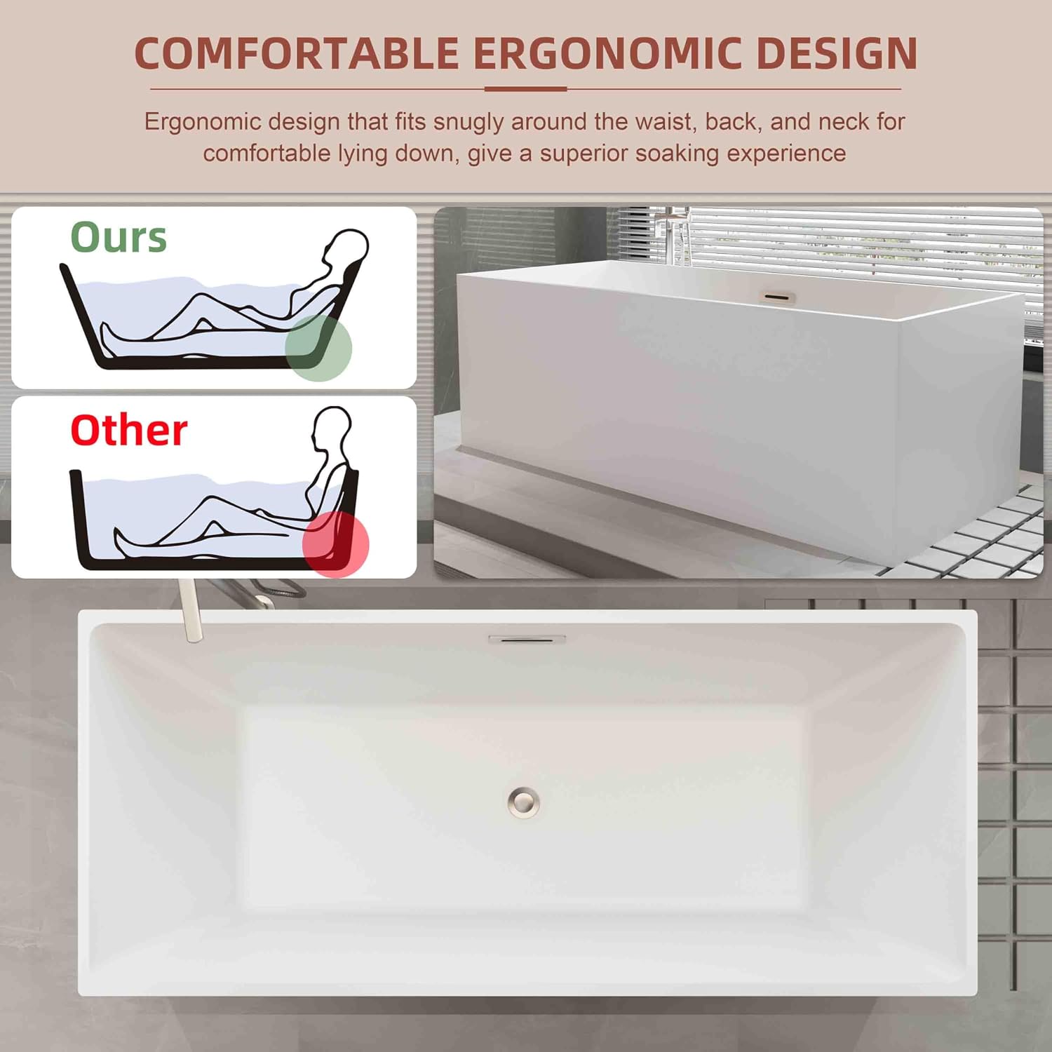 59 inch Freestanding Square Soaking Bathtub, WHALEKING Modern Integrated Seamless Alcove Stand Alone Free Standing Acrylic Tub, Back to Wall Bathtub with Center Chrome Drain & Overflow, Glossy White