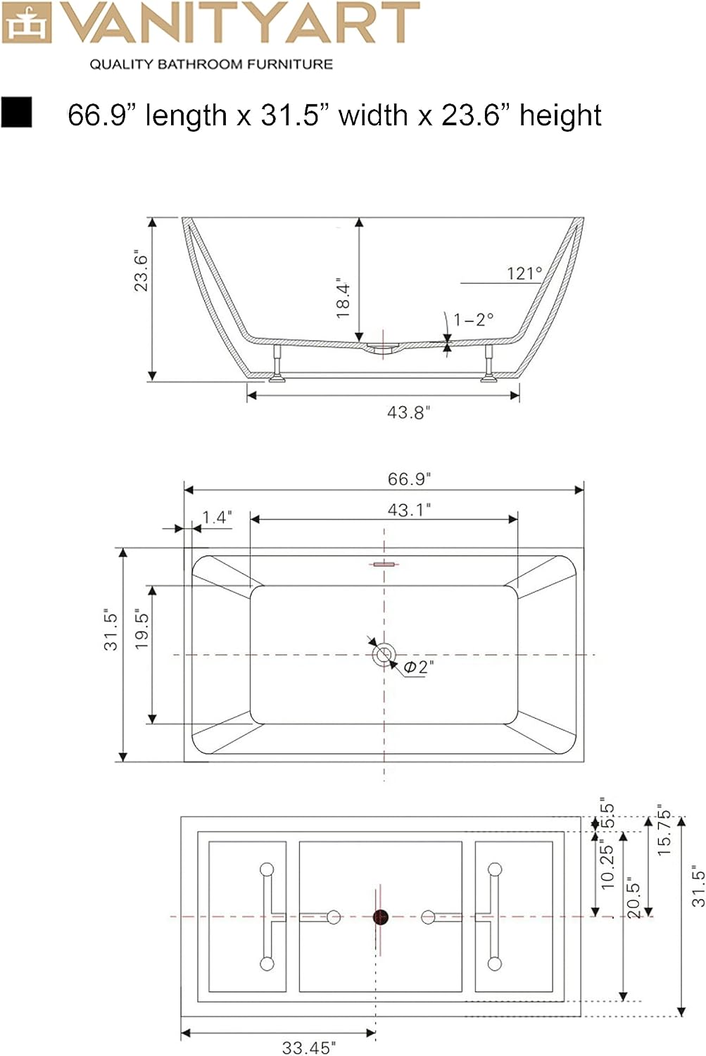Vanity Art 67' X 32' Acrylic Freestanding Bathtub | Home Improvement Bathtubs with Contemporary Design for Soaking and Bathing, Overflow and Pop-up Drain with UPC Certified, VA6821-L