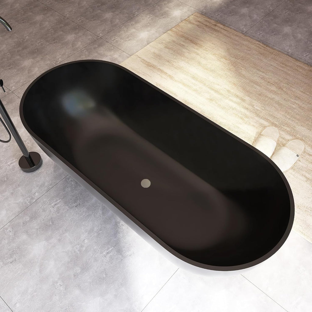 Oval 69' Freestanding Tub, Solid Surface Bathtub Matte Black | Stone Resin, Overflow and Pop up Drain, Solid Surface Bathroom Soaking Tub, Cupc Certified, Contemporary
