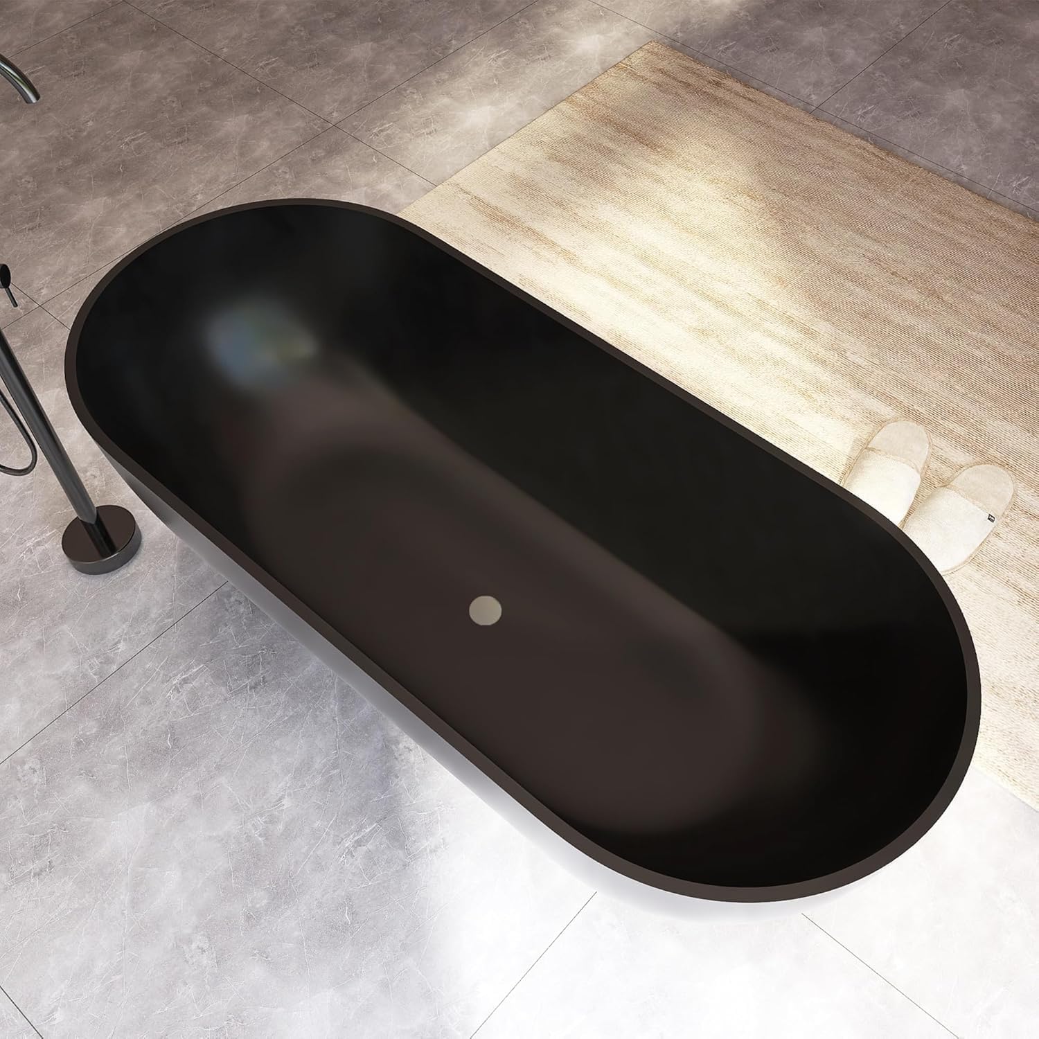Oval 69' Freestanding Tub, Solid Surface Bathtub Matte Black | Stone Resin, Overflow and Pop up Drain, Solid Surface Bathroom Soaking Tub, Cupc Certified, Contemporary