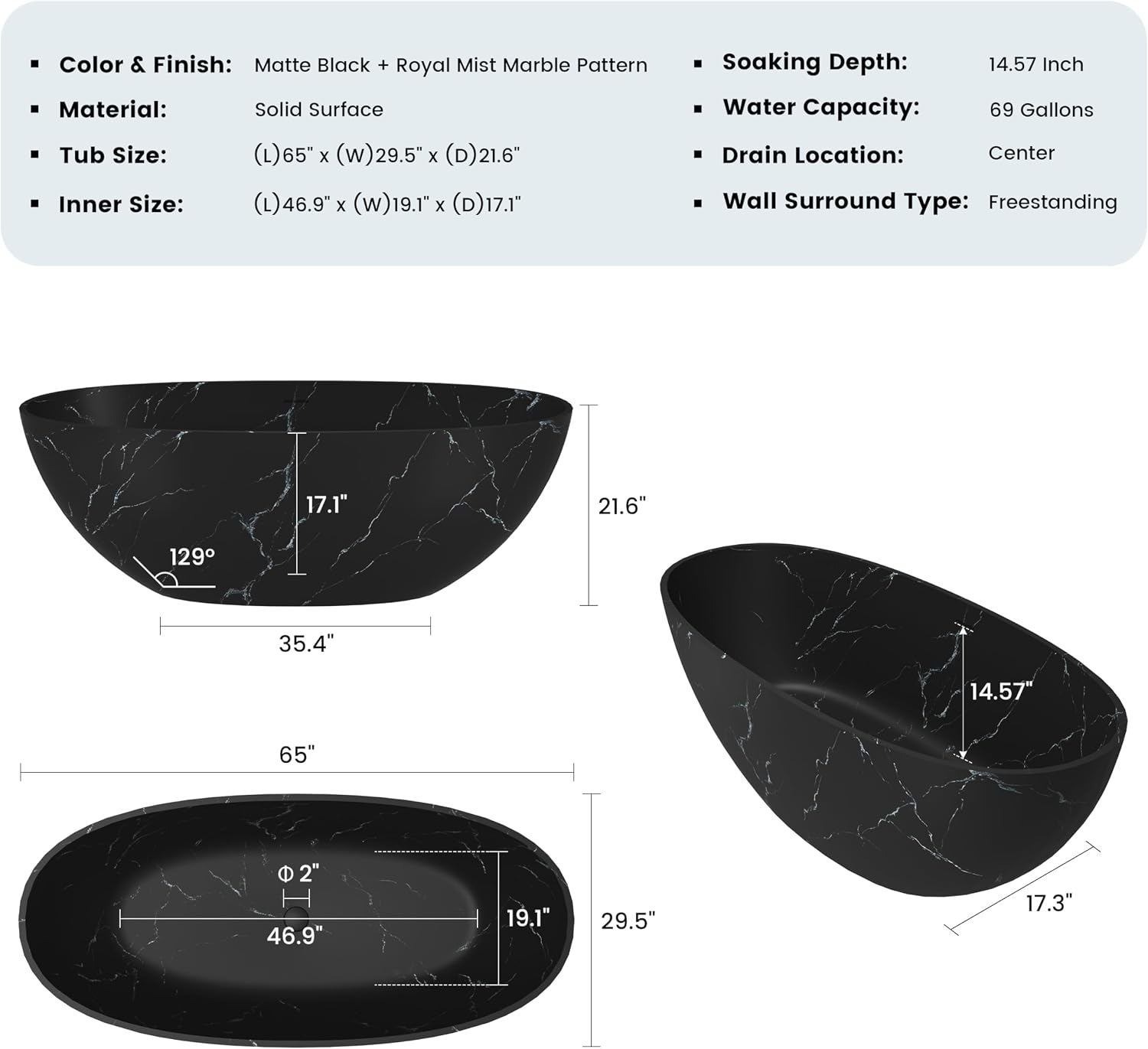 CASAINC 65' Solid Surface Freestanding Tub Marble-Look Stone Resin Freestanding Bathtub Black Soaking Tub with Overflow, Drain, Drain Hose & Sanding Paper