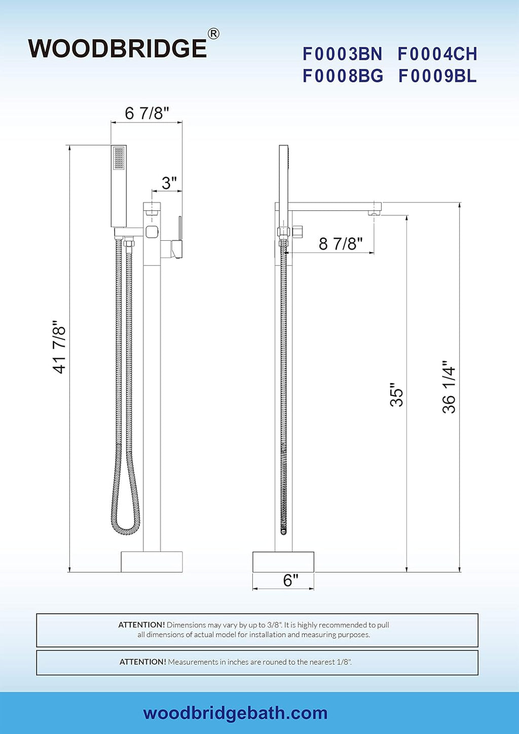 Woodbridge Brushed Nickel Freestanding Tub Filler Single Handle Floor Mounted Faucets with Handheld Shower. Square Design