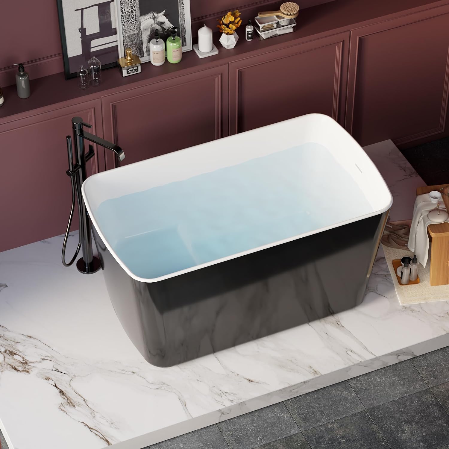 GDFStudio 49' x 28' Acrylic Freestanding Soaking Tub, Square Japanese-Style Sit-In Hot Bathtub with Chrome Overflow & Drain, cUPC Certified, 55 Gallon Capacity, Glossy Black
