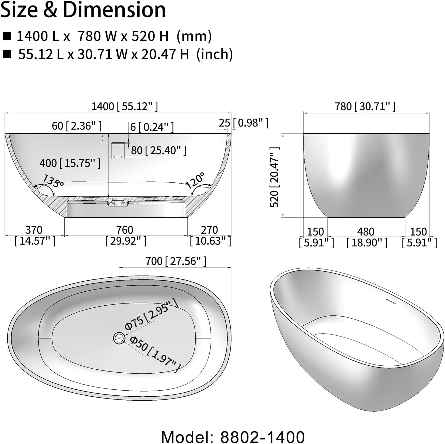 Cpingao 55' Stone Resin Bathtub Freestanding Bathtub, Egg Oval Shaped Matte White Solid Surface Soaking Bathtub, Modern Stand Alone Tub with Overflow and Pop-up Drain 8802-1400