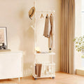 Movable Corner Coat Rack, Wooden Coat Tree Freestanding with 4 Hooks and Storage Basket, Floor-Standing Garment Rack, for Hallway, Bedroom, Living Room(White)