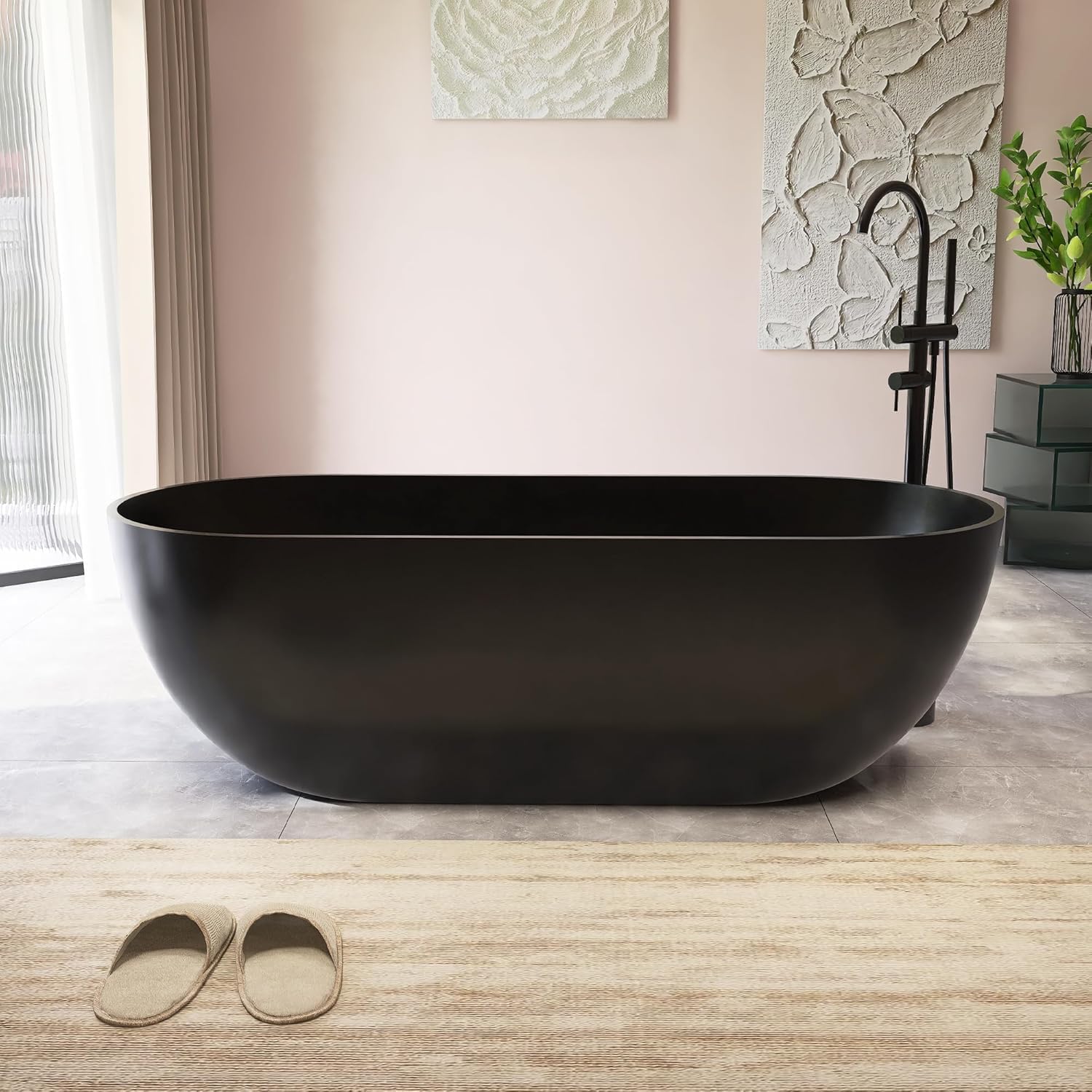 Oval 69' Freestanding Tub, Solid Surface Bathtub Matte Black | Stone Resin, Overflow and Pop up Drain, Solid Surface Bathroom Soaking Tub, Cupc Certified, Contemporary