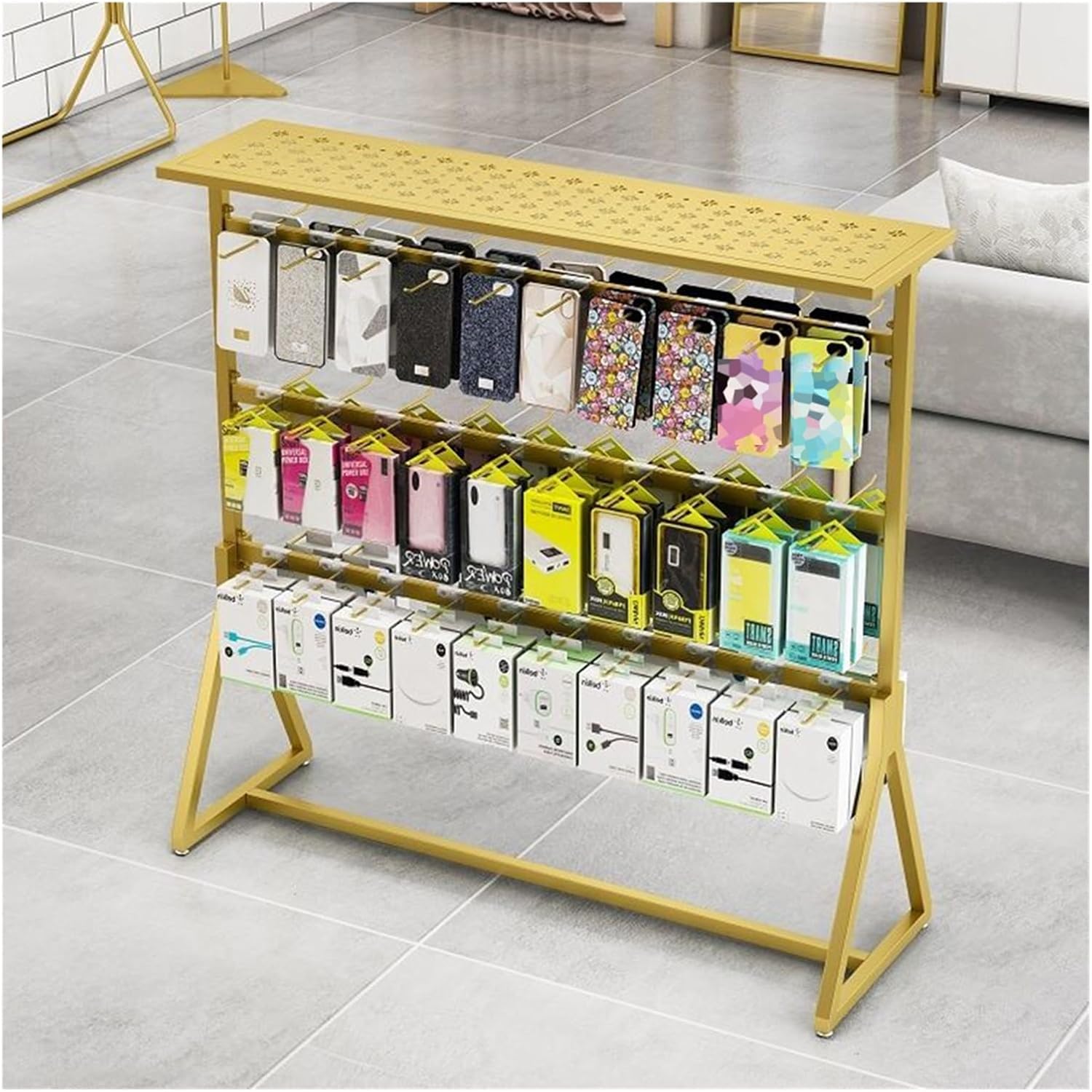 Clothing Store Underwear Rack, 3- Tier Freestanding Socks Phone Case Organizer Shelves, Double Sided Bra Shorts Swimwear Retail Store Display Hanger，Gold 120x40x135cm