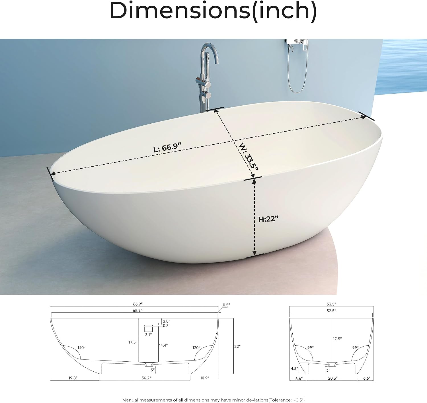 Premium 67'' Solid Surface Freestanding Bathtub, Upgraded Oval Shape Stone Resin Soaking Tub with Drain and Overflow, Matte White
