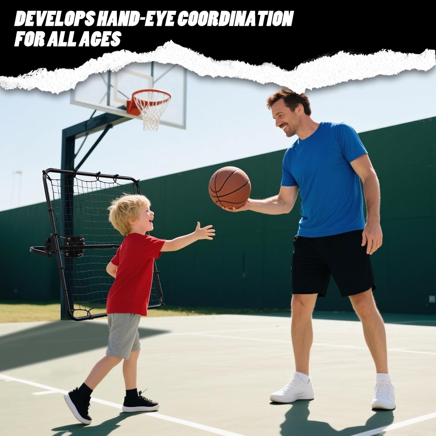 Basketball Return Attachment for Hoop - 40'x40' Rebound Net with Adjustable 3 Angles - Fits 2'-6' Round/Square Goal Poles - Multi-Sport Trainer for Basketball Baseball Soccer