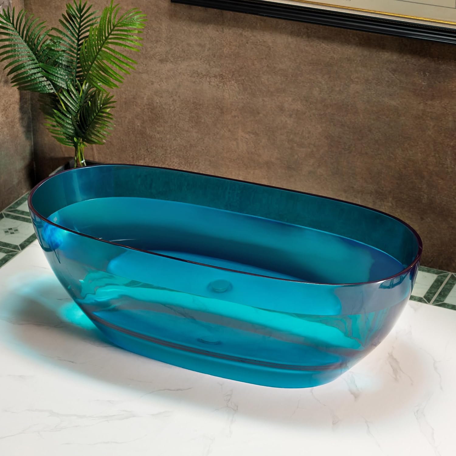 WOODBRIDGE 63' L x 28-3/8' W Transparent Blue Stone Resin Freestanding Soaking Tub with Double Ended Design