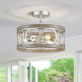 XINGQI 13' Modern 3-Light Brushed Nickel Rustic Semi Flush Mount Ceiling Light Fixture Wood Grain Metal Round Lamp for Kitchen Dining Room Bedroom Entryway