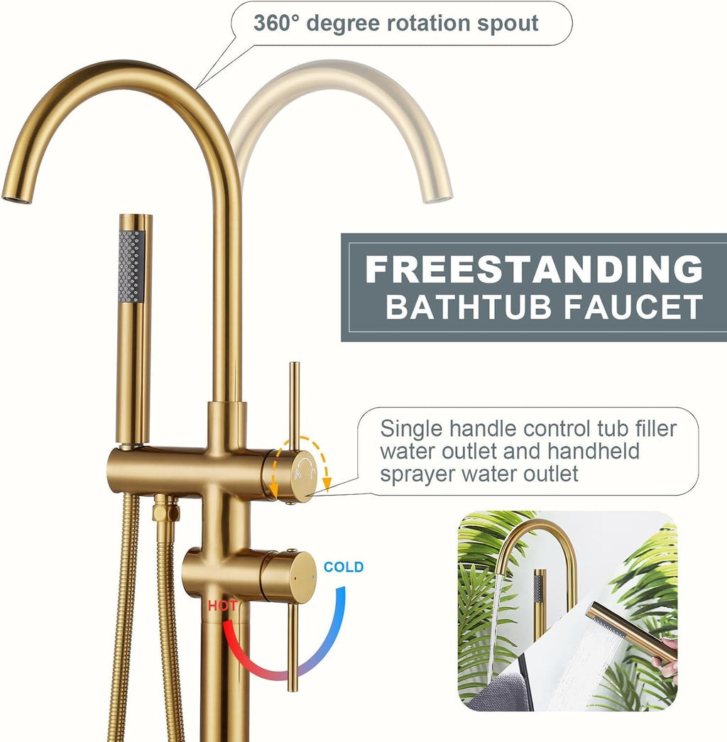 Freestanding Tub Filler Faucet, Floor Mount Brushed Gold Bathtub Faucet with Single Handheld Shower, Brass Shower Tub Faucet Set Complete, Bathtub Faucet with Shower