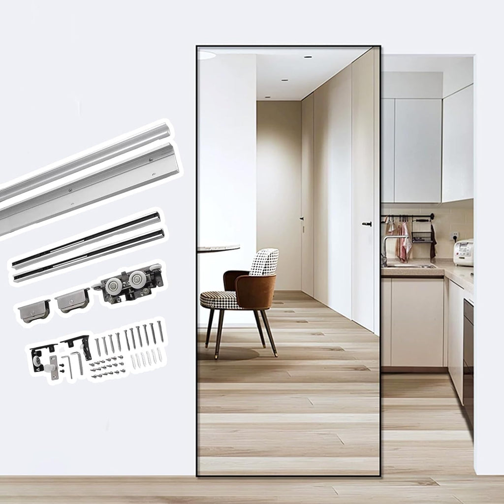 Trackless Ghost Mirror Sliding Door Hardware Kit, Aluminum Pocket Door Track with Soft-Close, Wall Mounted Invisible Barn Closet Door System(52in(132cm))