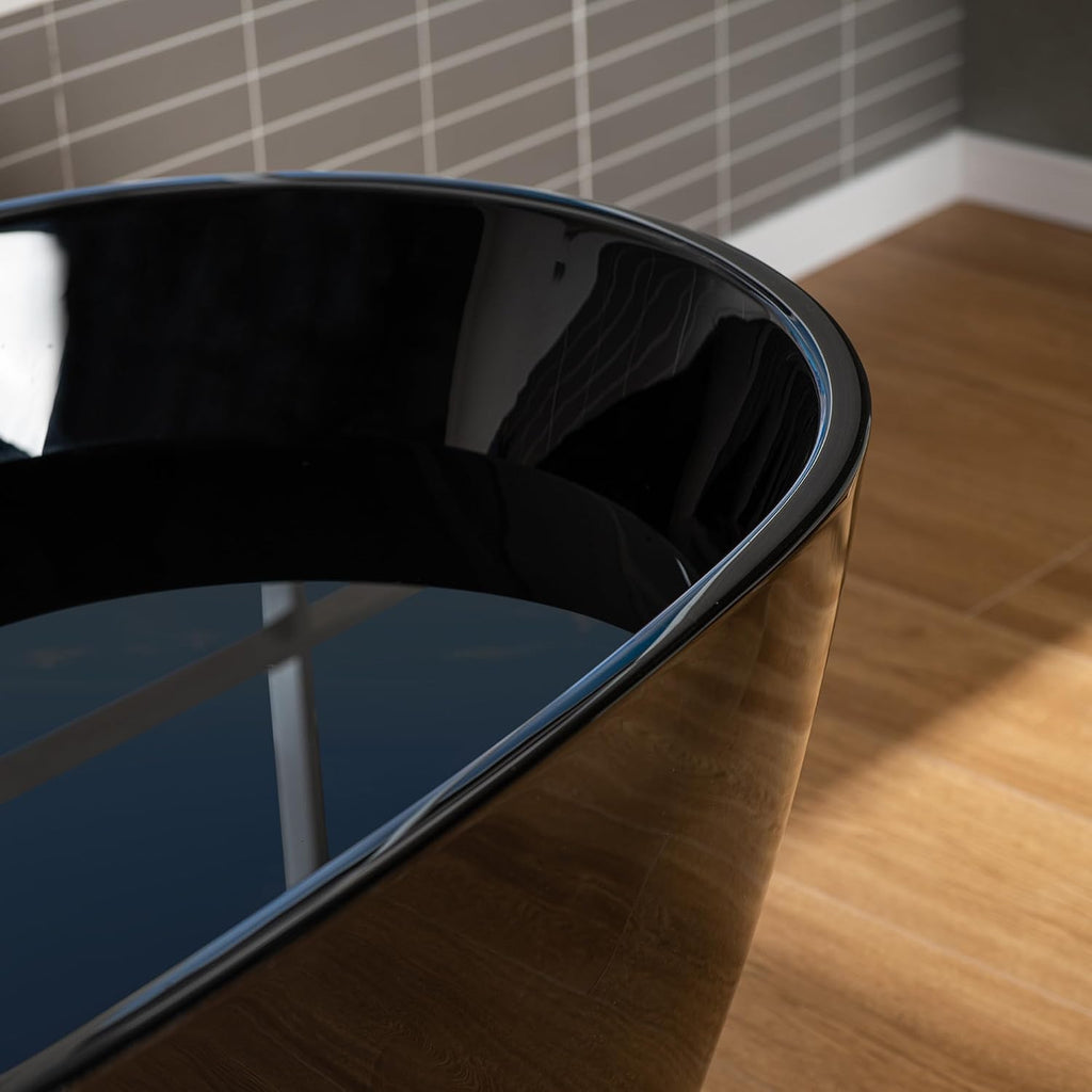 WOODBRIDGE 59' L x 31-1/2' W Freestanding Modern Acrylic Soaking Bathtub in Glossy Black Inside and Matte Black Drain & Overflow