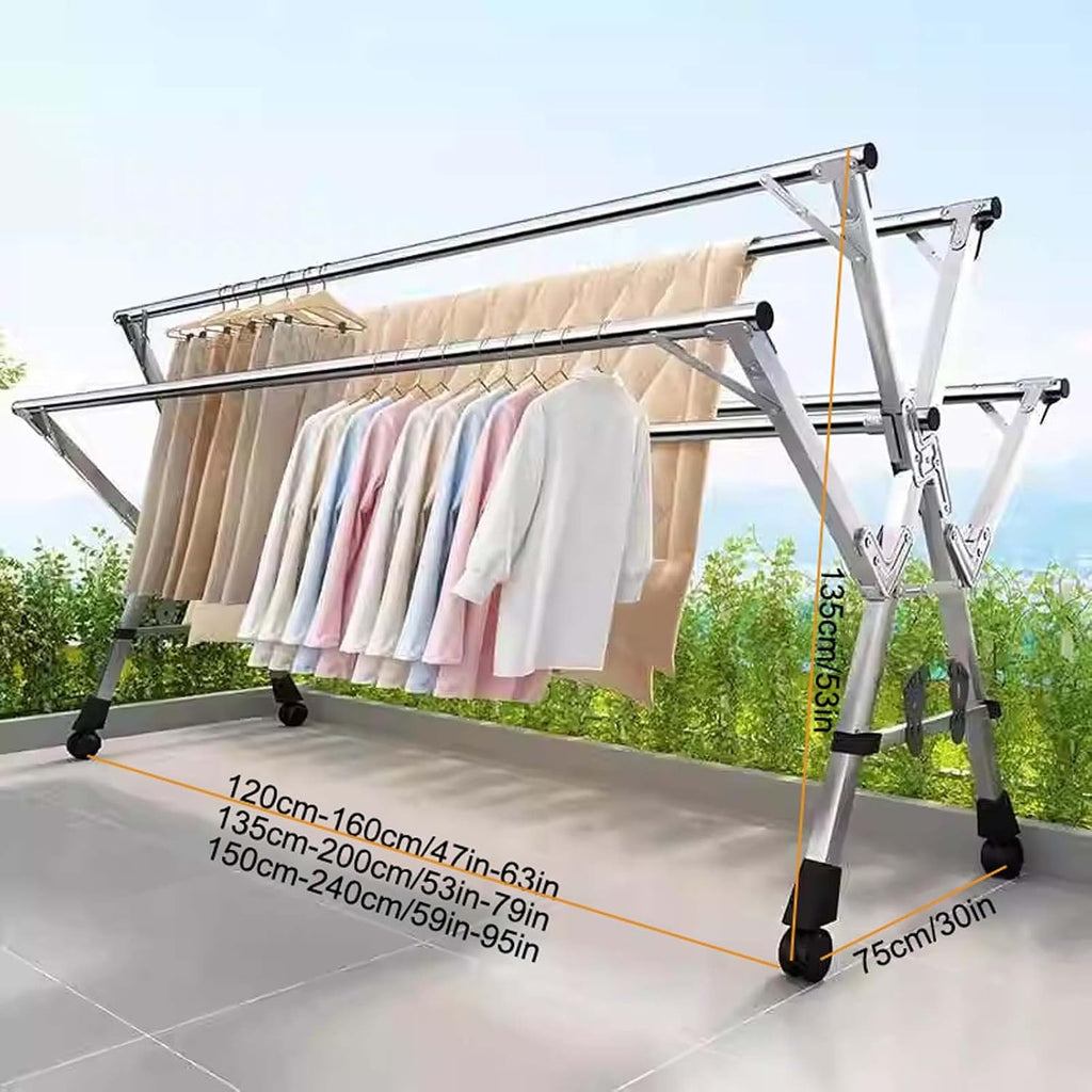 HUHJYUGE Foldable Drying Rack Clothing, Laundry Drying Rack Extendable, Stainless Steel Pool Towel Rack, Free Standing Clothing Hanger, Collapsible Garment Rack, Windproof Hooks