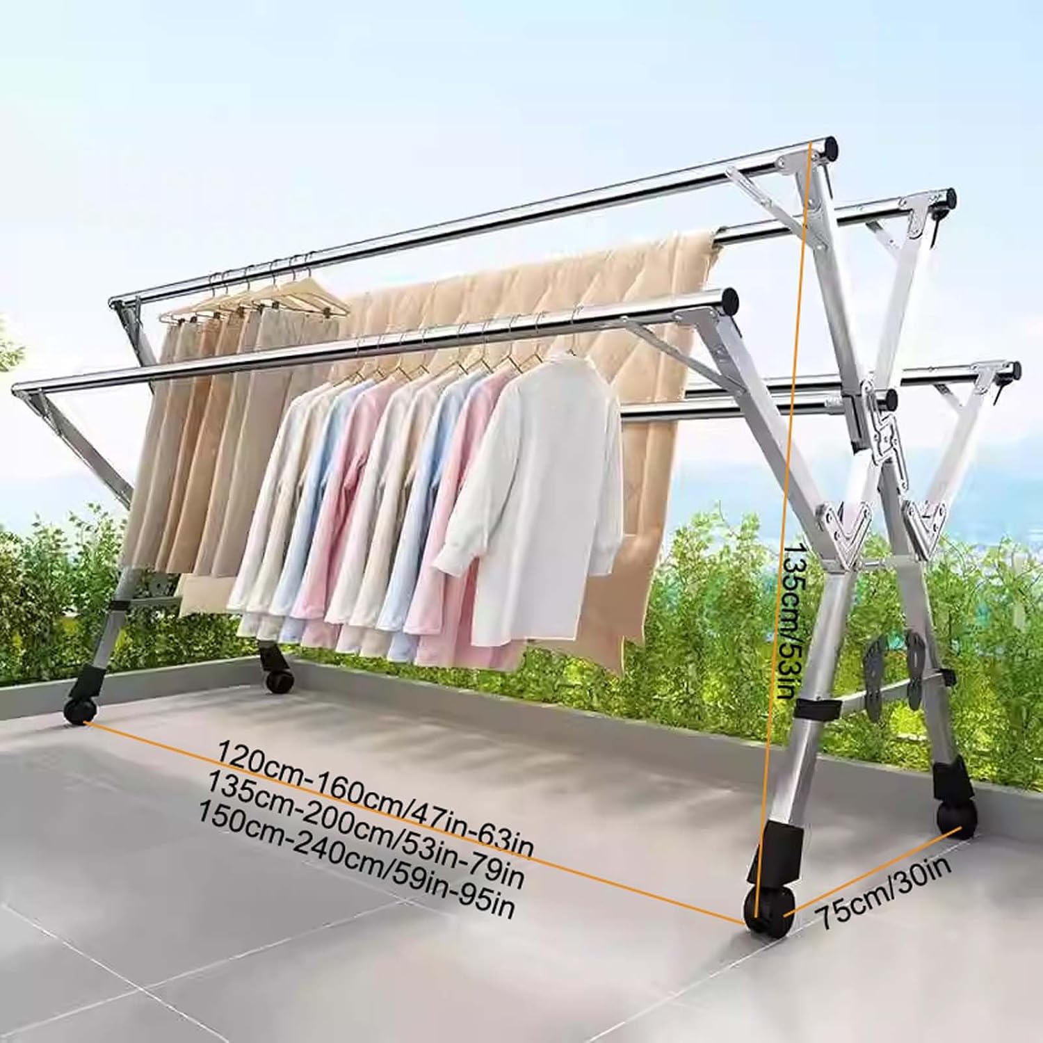 HUHJYUGE Foldable Drying Rack Clothing, Laundry Drying Rack Extendable, Stainless Steel Pool Towel Rack, Free Standing Clothing Hanger, Collapsible Garment Rack, Windproof Hooks