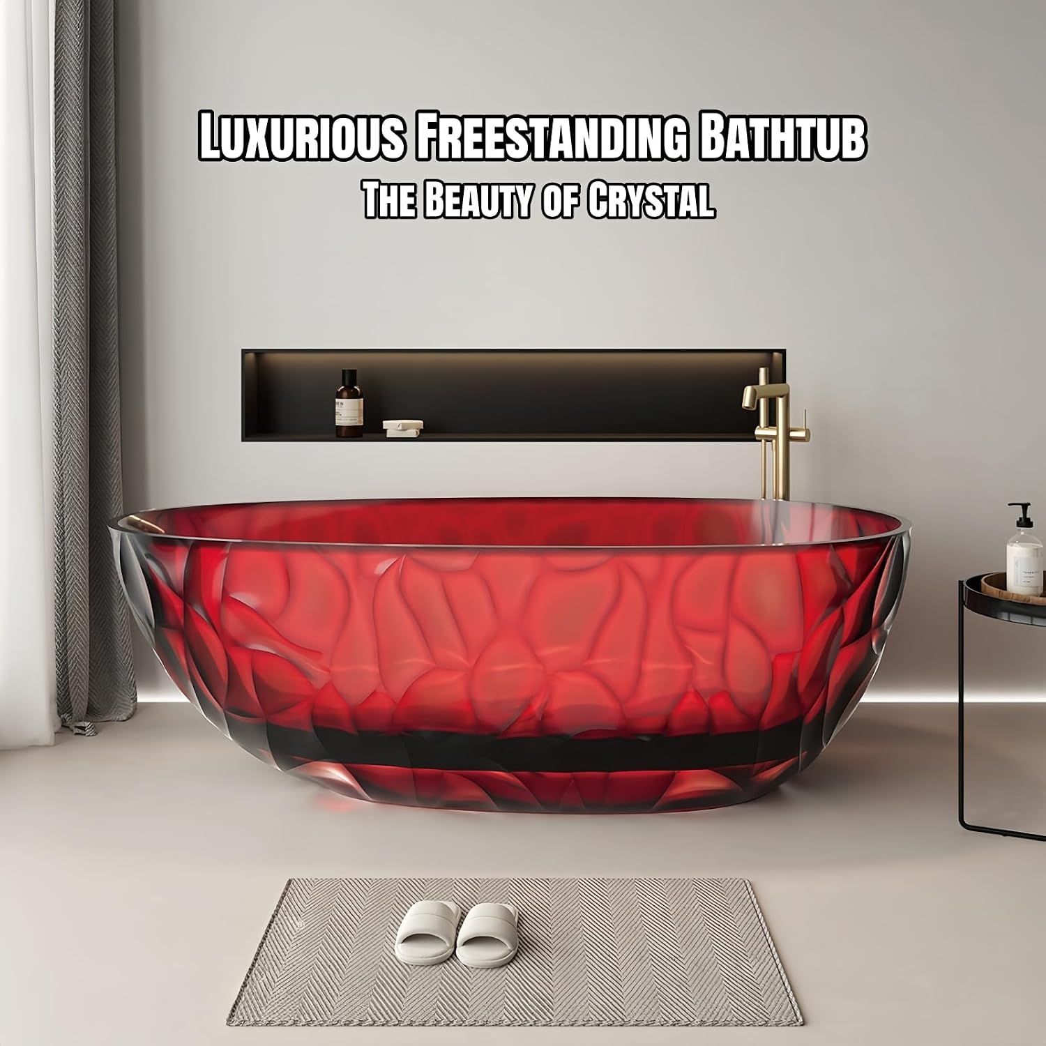 63' Edeyeu Clear Freestanding Bathtub – Designer Solid Surface Bathtub With Ripple Texture, Extra Deep Soaking Tub, Ergonomic Stand Alone Tub For Modern Luxury Bathrooms A