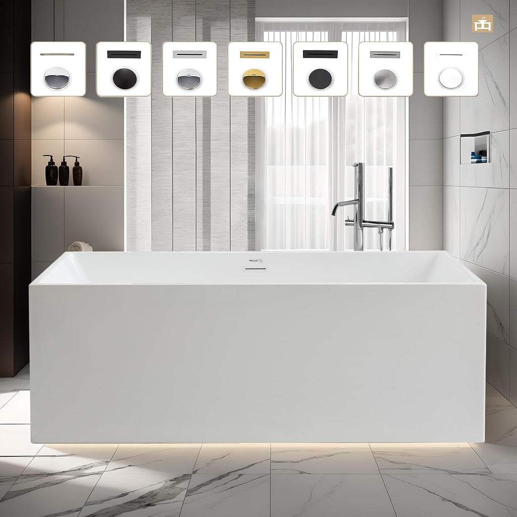 Vanity Art 67 X 32 Inch White Acrylic Freestanding Bathtub | Contemporary Design Soaking Tub with Pop-up Drain Overflow Included, UPC Certified VA6813B-L-PW