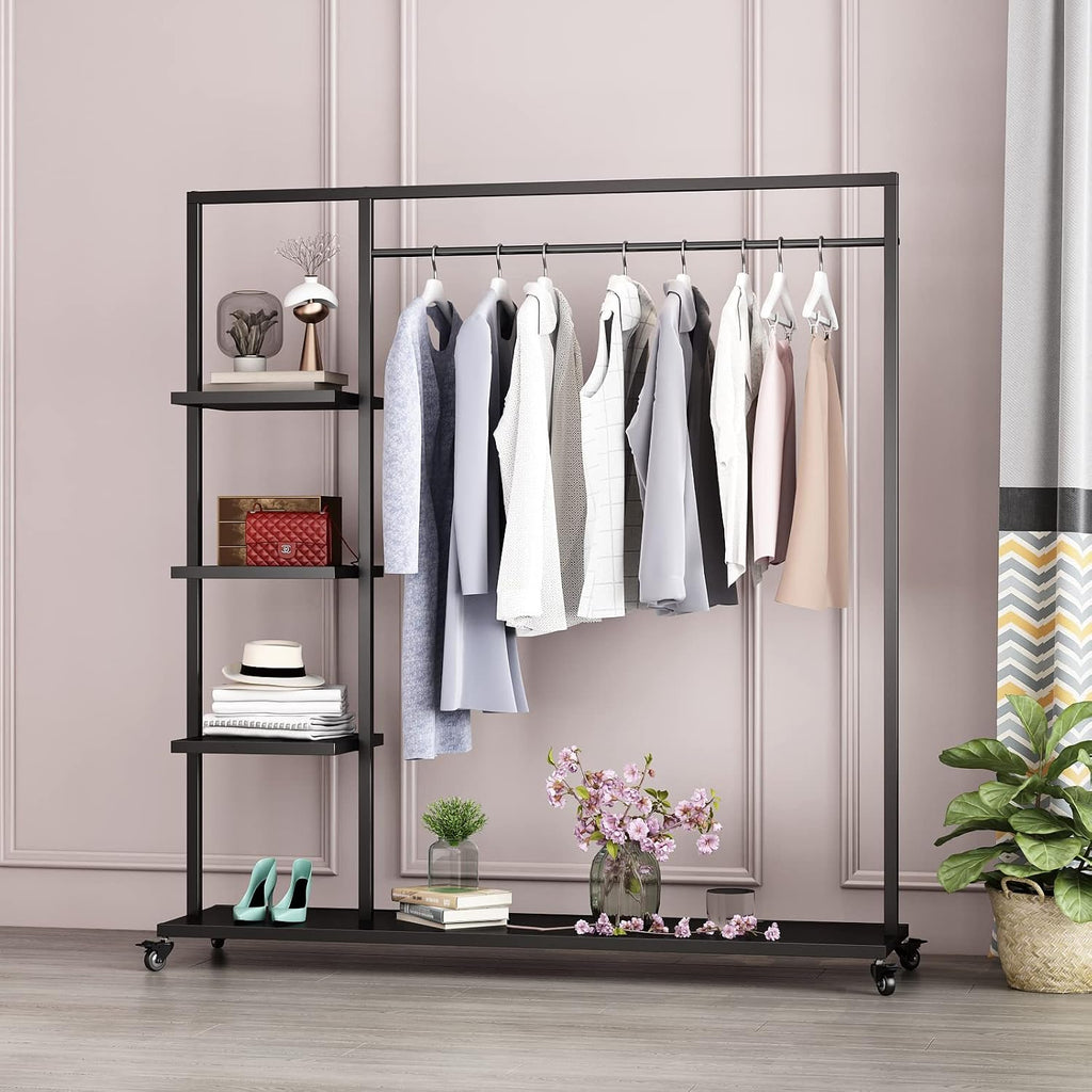 Black Clothing Racks with Shelf, Boutiques Retail Clothing Rack, Heavy Duty Industrial Clothes Racks, Multiple Uses Display for Home and Retail(Black)