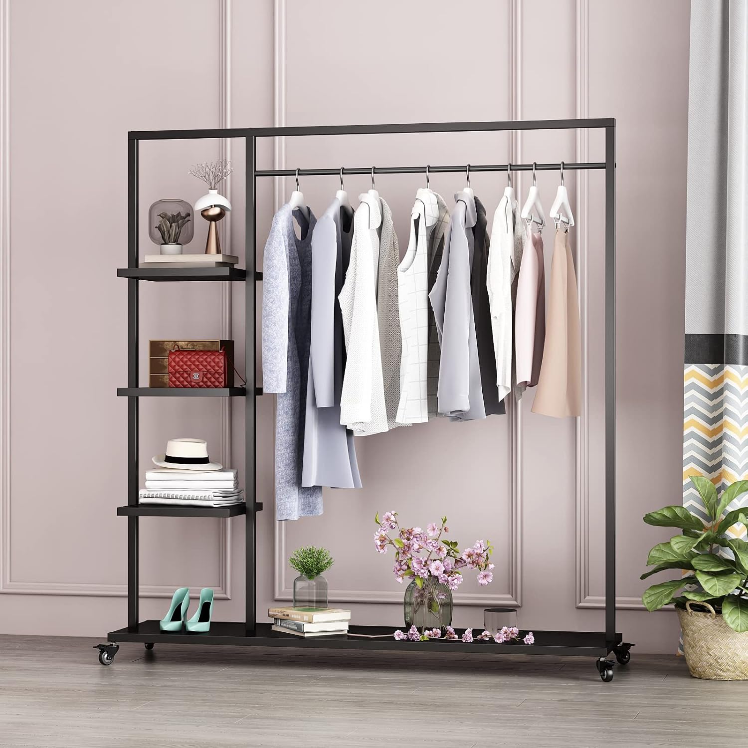 Black Clothing Racks with Shelf, Boutiques Retail Clothing Rack, Heavy Duty Industrial Clothes Racks, Multiple Uses Display for Home and Retail(Black)
