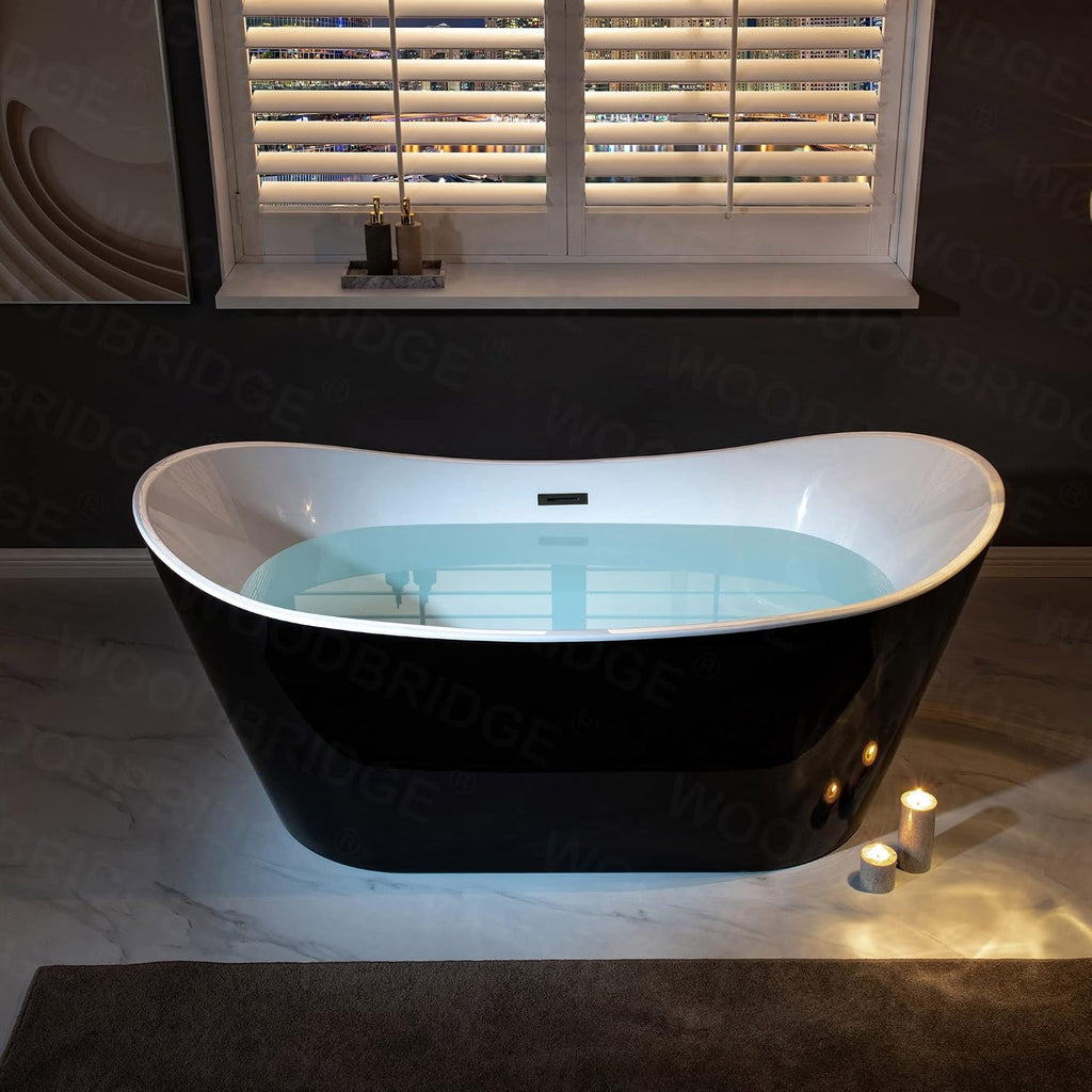 WOODBRIDGE 67' Acrylic Freestanding Bathtub Contemporary Soaking Tub with Mattle Black Overflow and Drain,Black