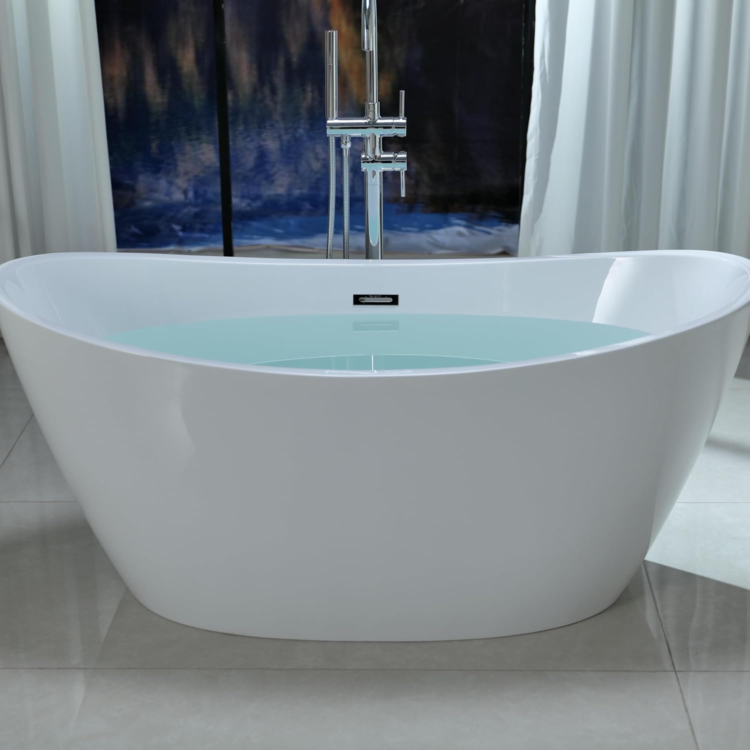 Empava 59' Freestanding Bathtub – Deep Soaking Acrylic Tub for Small Bathroom, Non-Slip Flatbottom, Stress Relief Home Spa, Brushed Nickel Drain & Overflow, Single Adult, Glossy White