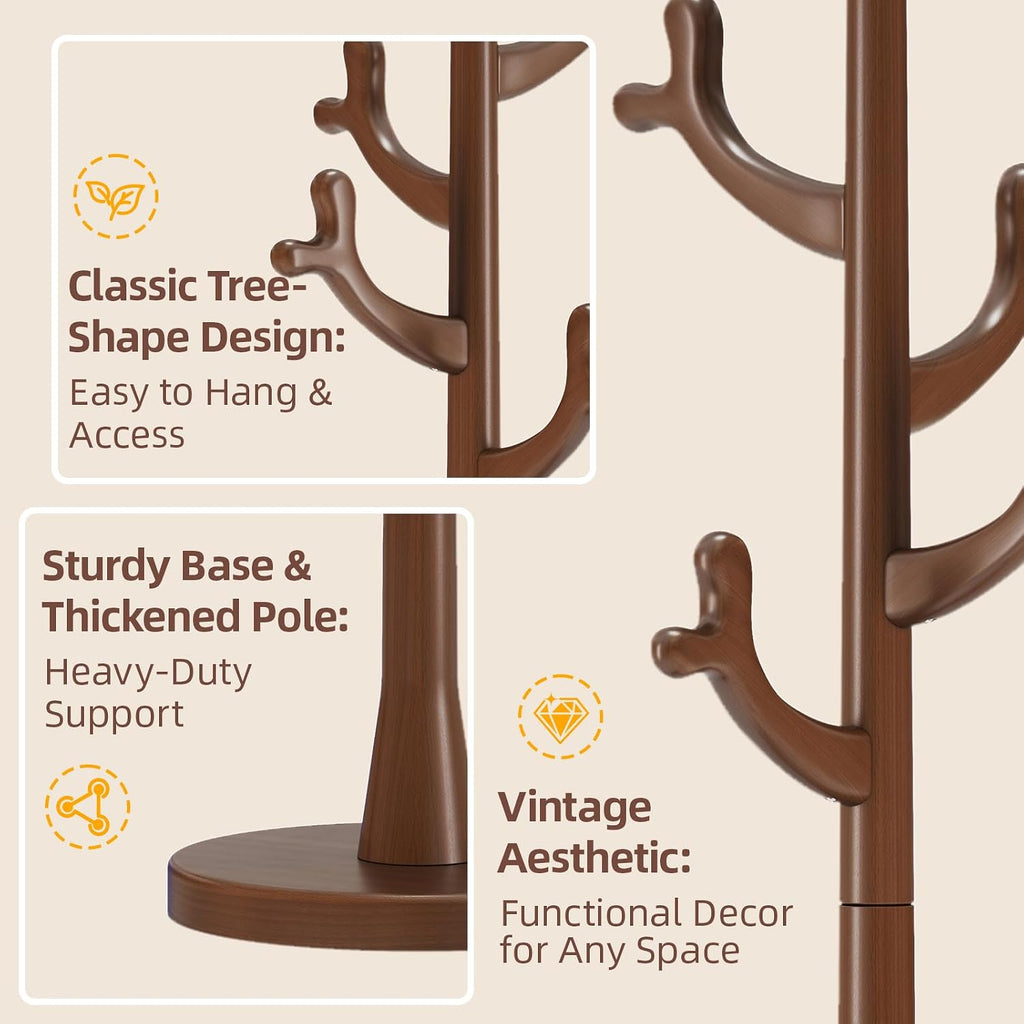 CozyDH Walnut Premium Solid Wood Freestanding Coat Rack, 4 Hooks Creative Tree Branch Look, Sturdy Standing Coat Tree for Entryway Bedroom Hallway Home Decor