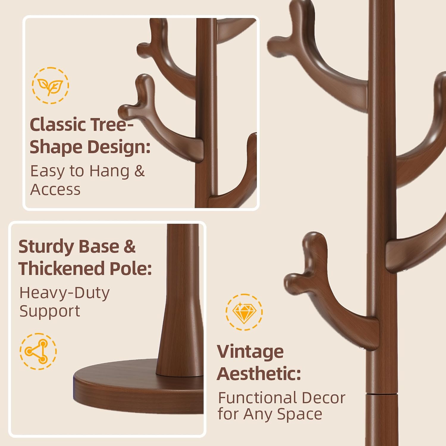 CozyDH Walnut Premium Solid Wood Freestanding Coat Rack, 4 Hooks Creative Tree Branch Look, Sturdy Standing Coat Tree for Entryway Bedroom Hallway Home Decor