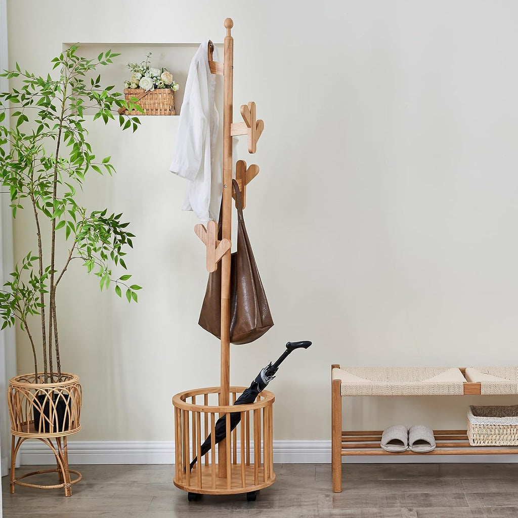 CozyDH Solid Wood Coat Rack Freestanding with Lockable 360° Rotary Casters, Coat Tree Stand with Umbrella Holder & Laundry Basket Storage & 12 Hooks, Natural