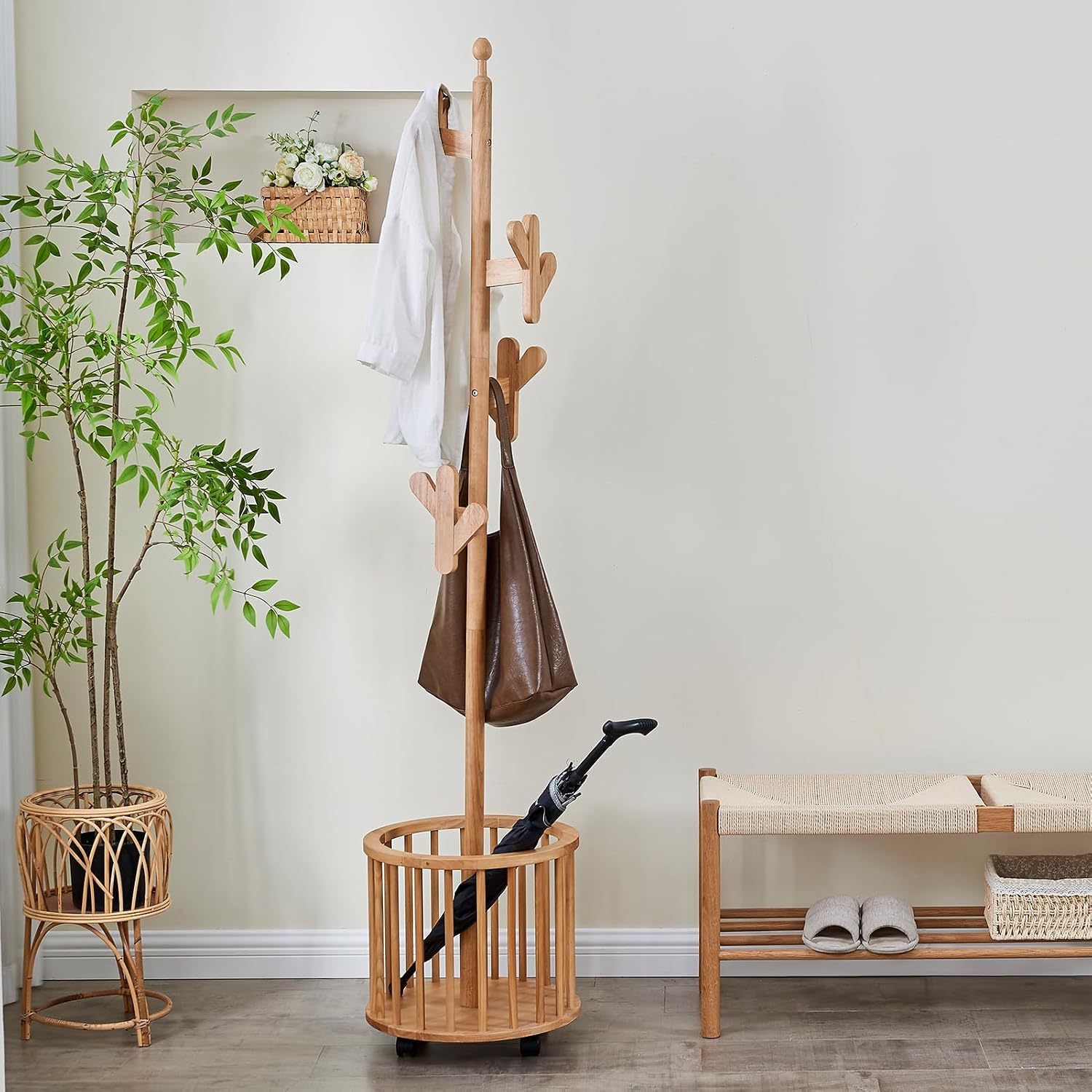 CozyDH Solid Wood Coat Rack Freestanding with Lockable 360° Rotary Casters, Coat Tree Stand with Umbrella Holder & Laundry Basket Storage & 12 Hooks, Natural