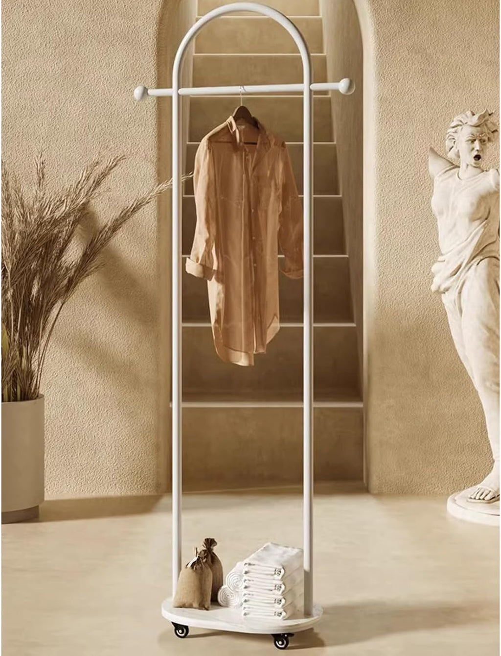 Metal Coat Rack Freestanding,Garment Rack Modern Clothing Rack with Marble Base, Small Coat Hanger Stand with 2 Hooks for Bag and Hat, Space Saving Clothes Organizer for Bedroom(White)