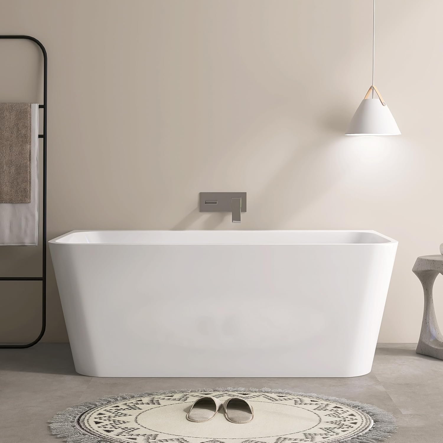 SJ STAR&JANE 59 Inch Acrylic Freestanding Bathtub,Modern Back to Wall Soaking Tub, Stand alone Acrylic Tub Integrated Center Drain & Overflow, Glossy White