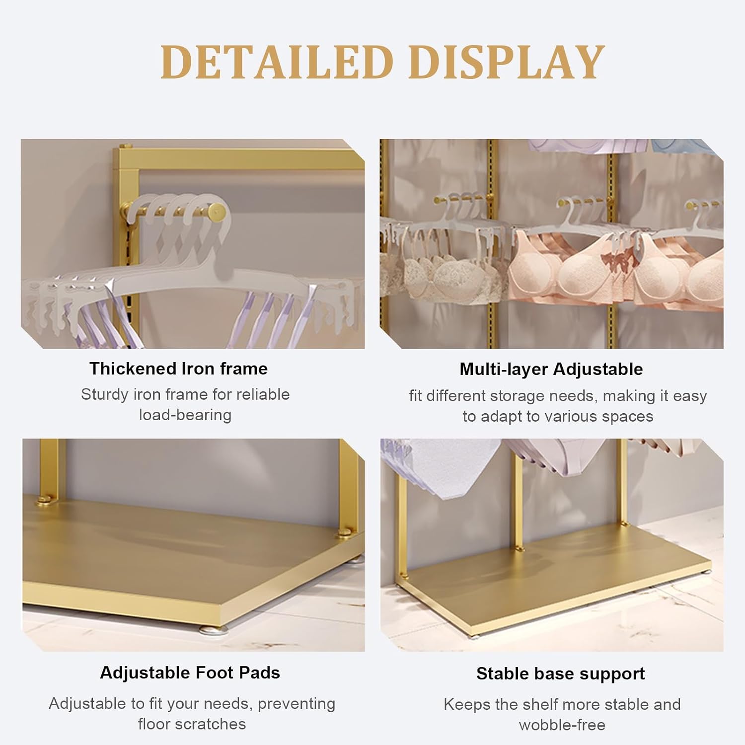 Metals Underwear Display Rack Stand,Freestanding Clothing Store Boutiques Retail Lingerie Garment Rack Coat Rack Stand,Commercial Shelves,for Socks Bra Panties Scarves Storage(Gold,L65cm/23.5in)