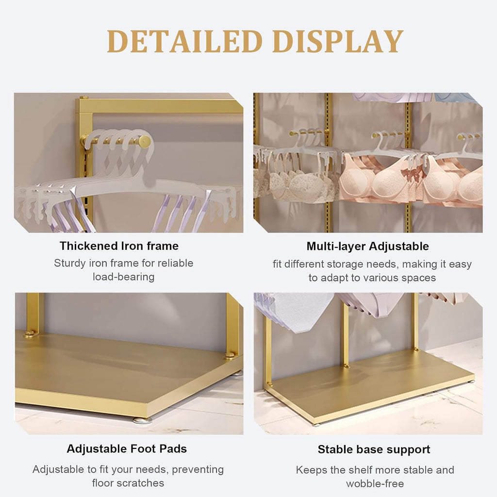 Metals Underwear Display Rack Stand,Freestanding Clothing Store Boutiques Retail Lingerie Garment Rack Coat Rack Stand,Commercial Shelves,for Socks Bra Panties Scarves Storage(Gold,L100cm/39.3in)