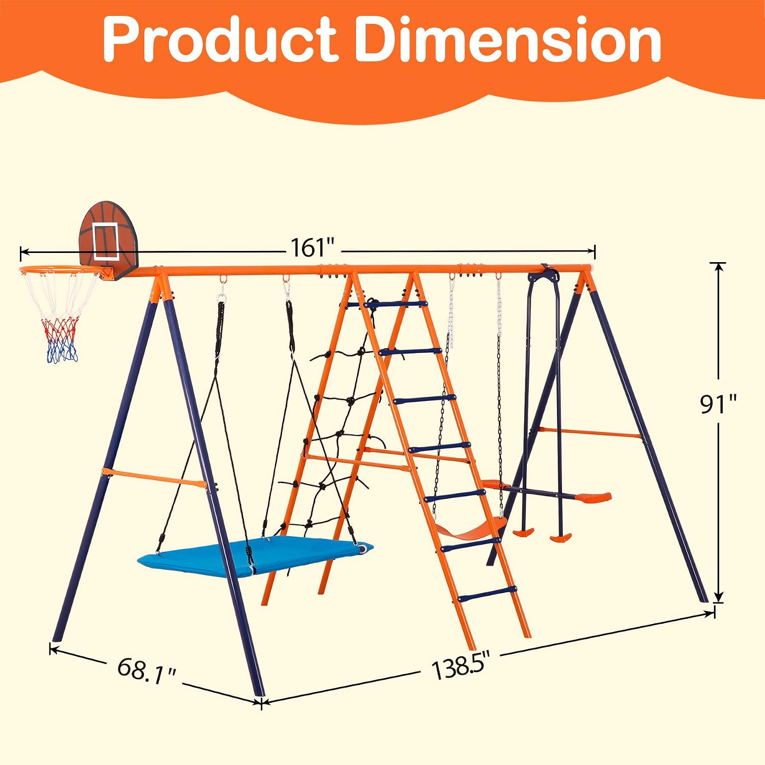 SUPER DEAL 6-in-1 Outdoor Swing Set for Kids, Heavy Duty Metal Playset with Adjustable Swings, Climbing Ladder, Rope Net, Swing Glider and Basketball Hoop, Backyard Playground Equipment for Ages 3-12