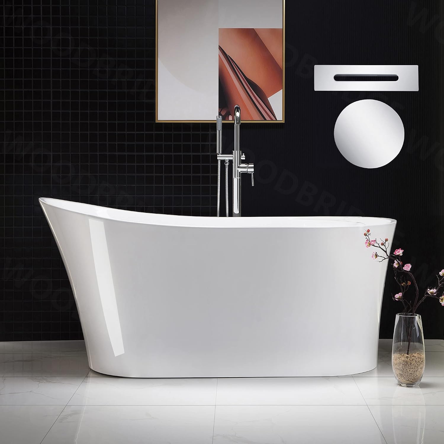 WOODBRIDGE 59' Acrylic Freestanding Bathtub Contemporary Soaking Tub with Chrome Overflow and Drain BTA0083-C,White