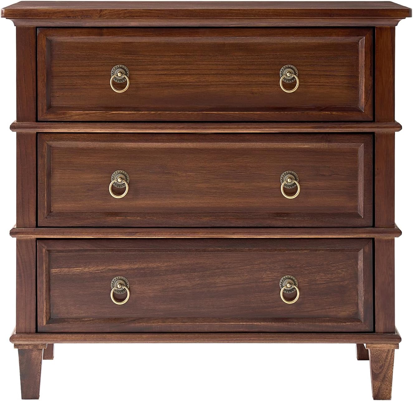 HULALA HOME Farmhouse End Table with 3 Drawers, Paulownia Solid Wood Side Table with Vintage Knobs, Ancient End Table with Charging Station, Easy Assembly, Walnut