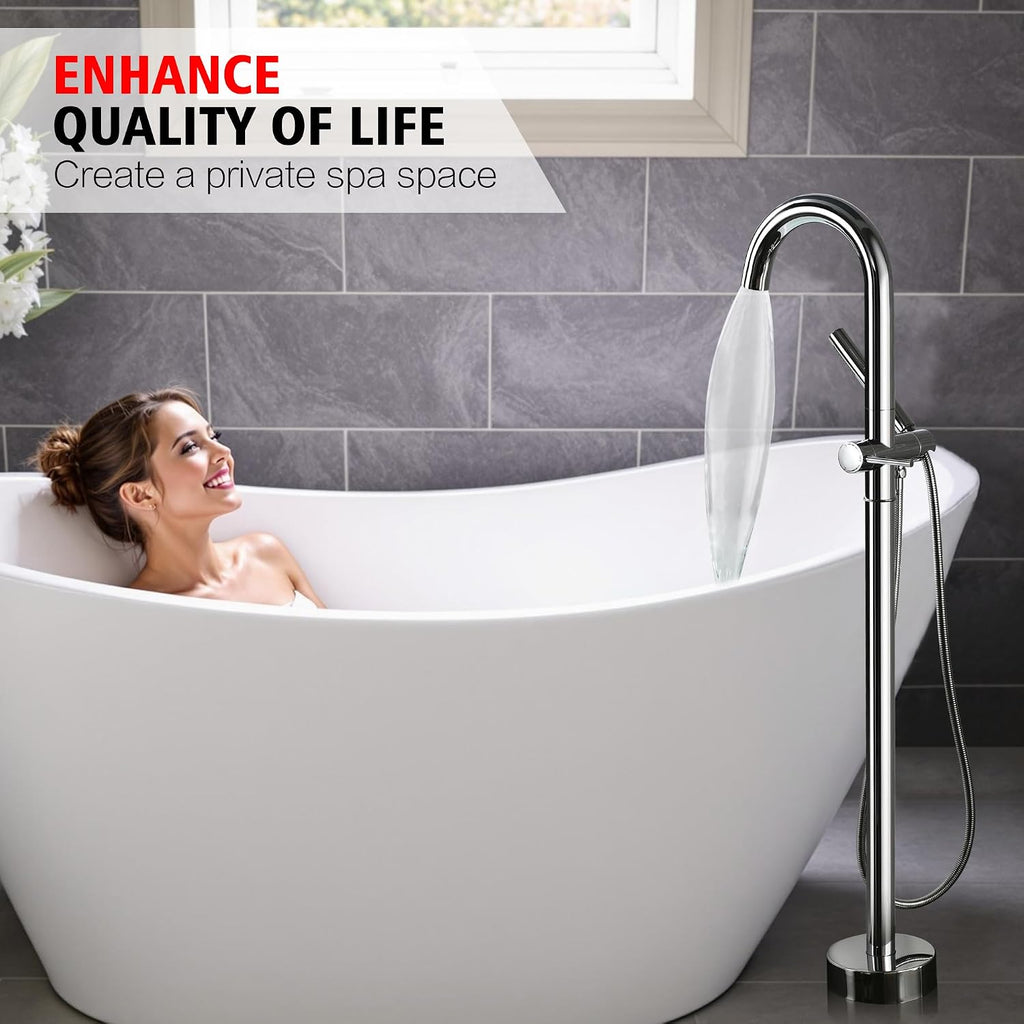 sumerain Freestanding Tub Filler Faucet, Modern Bathroom Floor Mounted Bathtub Faucet with Handheld Shower High Flow, Chrome