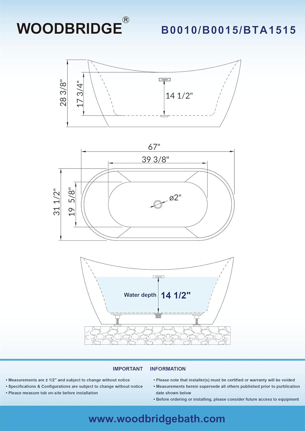WOODBRIDGE 67' Acrylic Freestanding Bathtub Contemporary Soaking Tub, White Acrylic (Brushed Nickel Drain/Overflow),B-0010 B/N-Drain &O