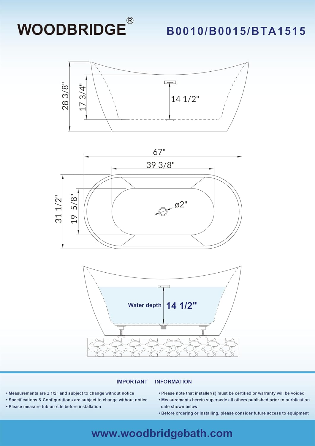 WOODBRIDGE 67' Acrylic Freestanding Bathtub Contemporary Soaking Tub, White Acrylic (Brushed Nickel Drain/Overflow),B-0010 B/N-Drain &O