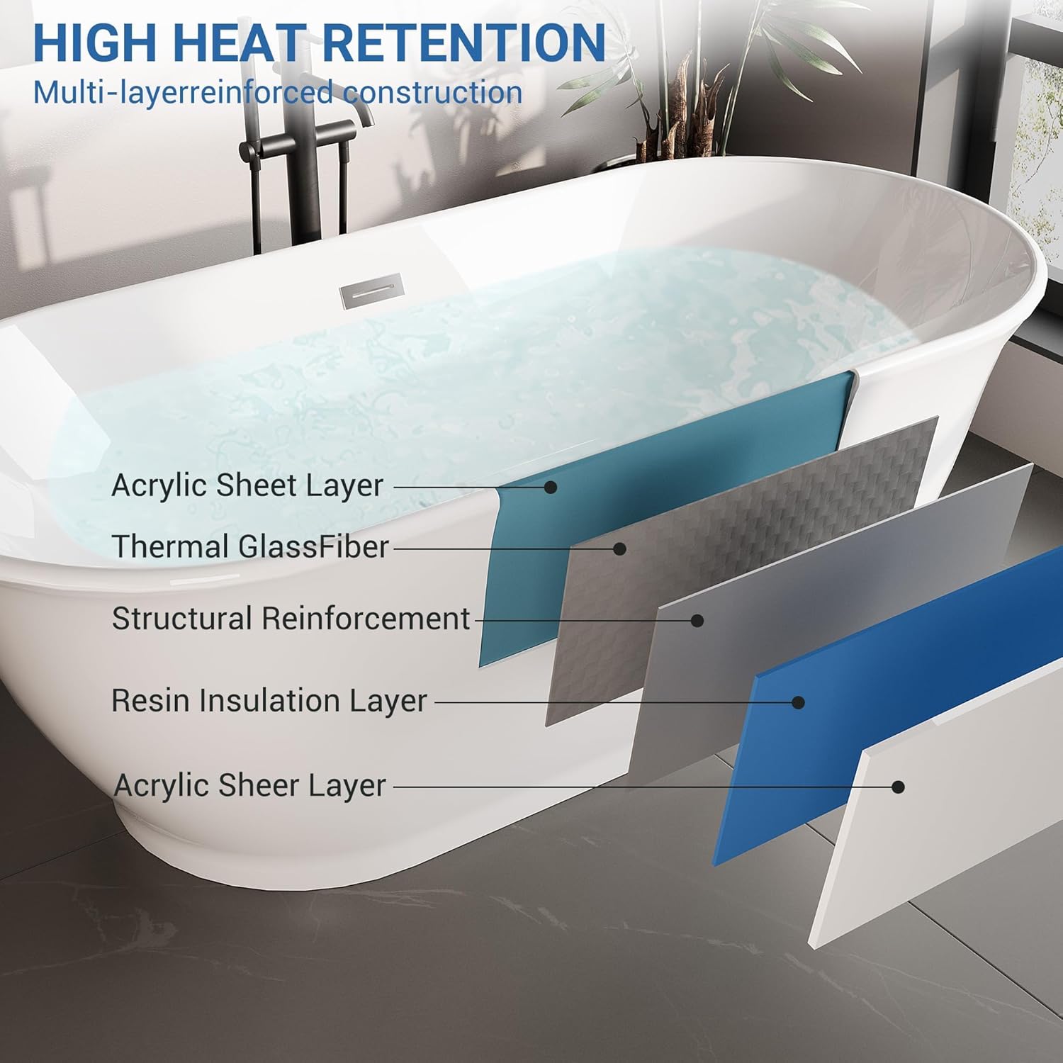 GarveeHome 59' Freestanding Bathtub, Acrylic Soaking Tub with Overflow, Matte Silver Drain, Modern Stand Alone Tub, Deep Free Standing Bath Tub for Bathroom, Hotel, Easy Install, CUPC Certified, White