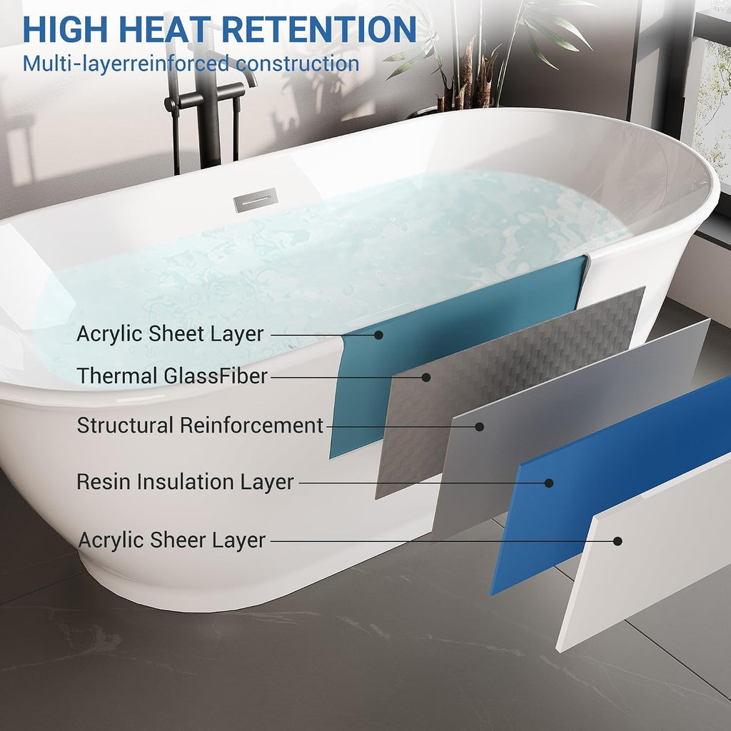 59' Acrylic Freestanding Bathtub, Contemporary Soaking Tub, cUPC Certified Stand Alone Slipper Soaking Tub, Integrated Overflow and Drain, White