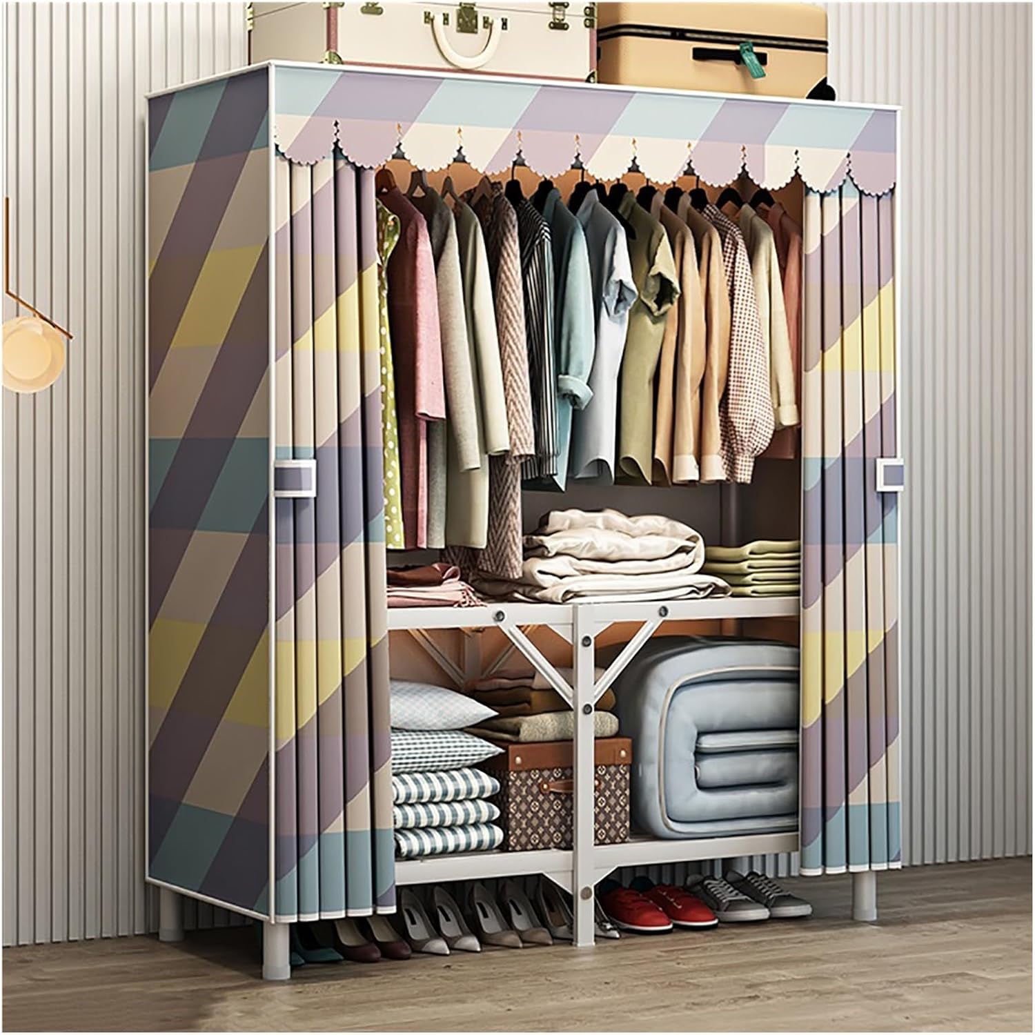 Portable Wardrobe Closet With Cover, Metal Freestanding Clothing Rack For Hanging Clothes, Wardrobe With Alloy Steel Connectors, Garment Rack For Bedroom, Dorm(Stripe,200x170x45cm)