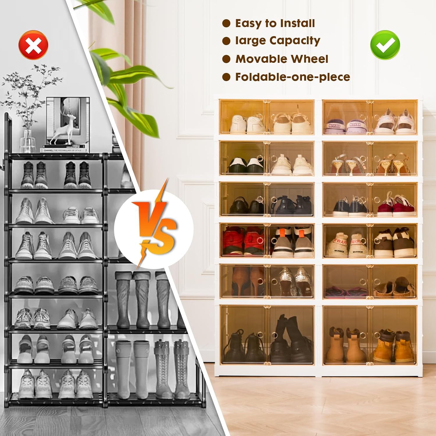 Collapsible Shoe Rack Organizer Foldable Shoe Cabinet with Doors, Large Plastic Folding Shoe Cabinet, Easy Assembly Shoe Shelves Organizer for Entryway (6Tiers,24Pairs)